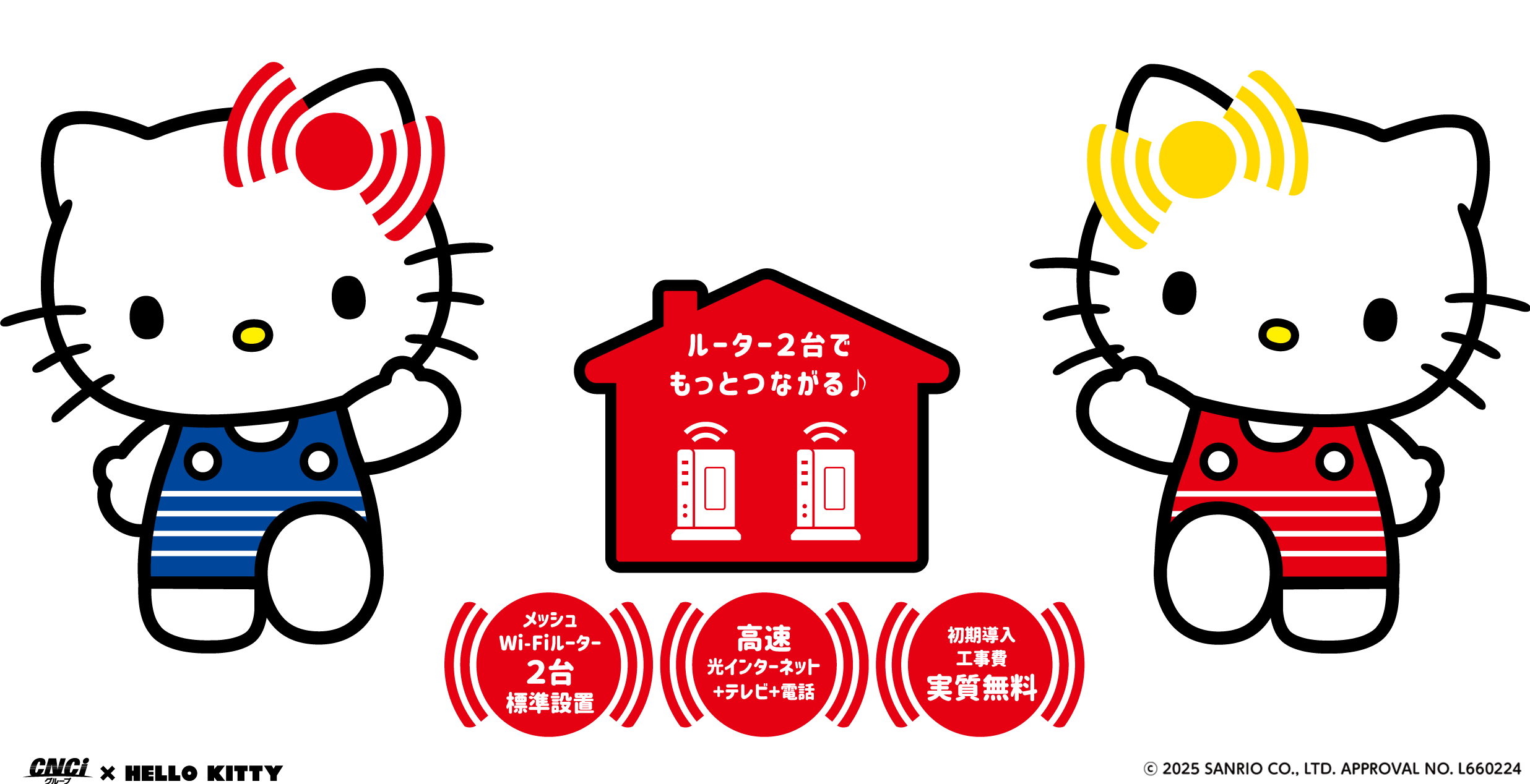 ルーター2台でもっとつながる♪ メッシュWi-Fiルーター2台標準設置 高速光インターネット+テレビ+電話 初期導入工事費実質無料 CNCiグループ × HELLO KITTY ©2025 SANRIO CO., LTD. APPROVAL NO. L660224